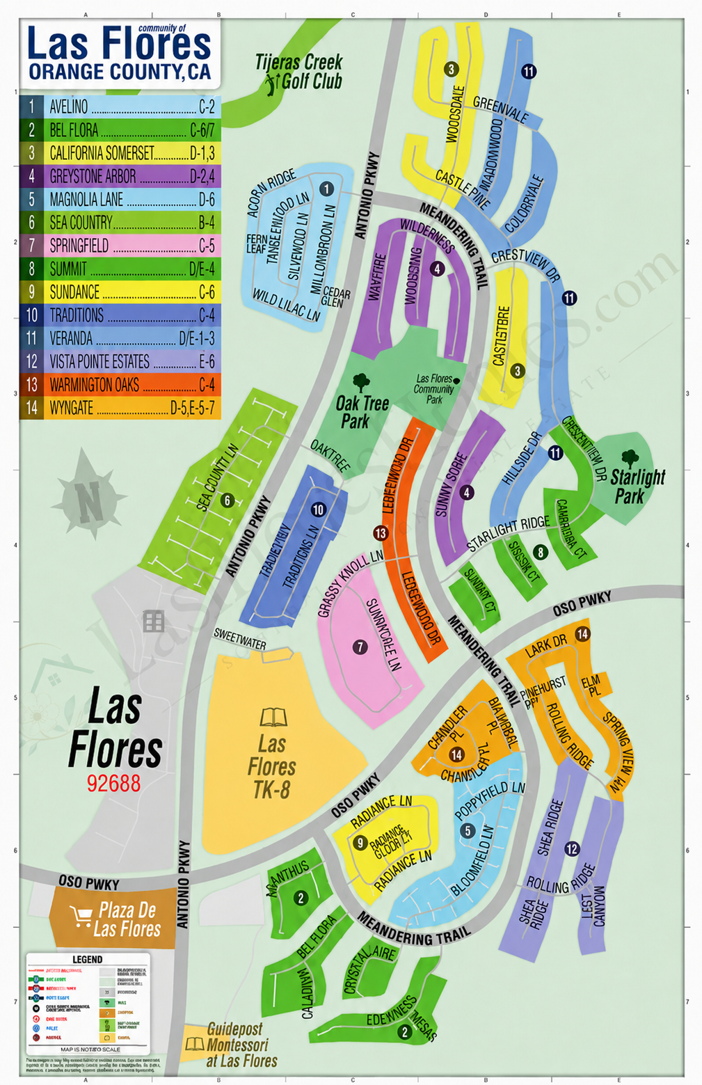 Las Flores community map showing all 14 neighborhoods, parks, schools and major streets